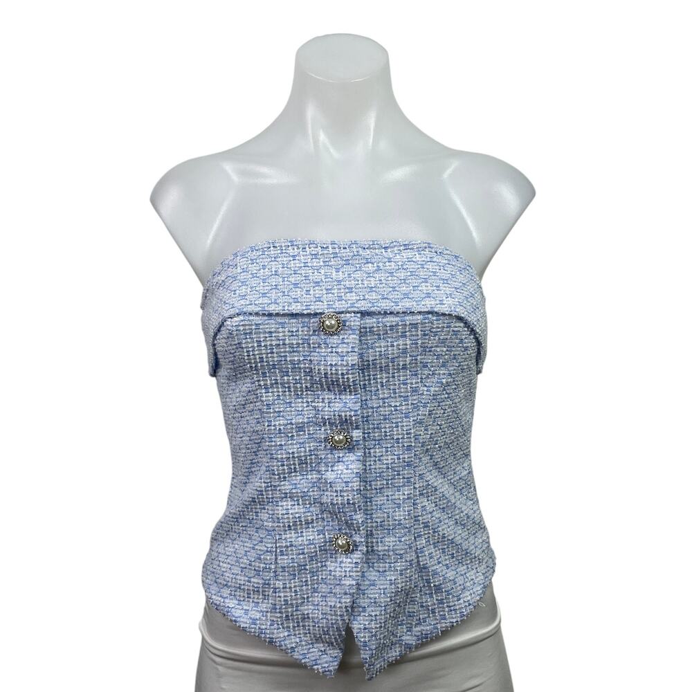 Shein Women's Blue Tweed Strapless Tube Bandeau Button Up Blouse Top Size S